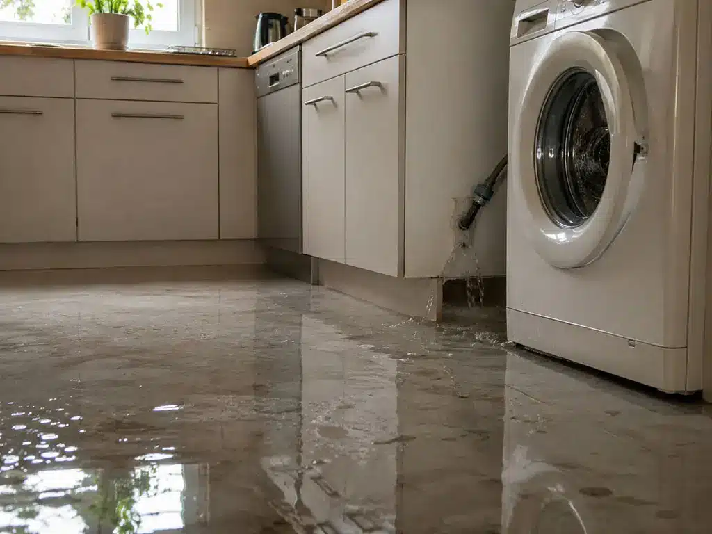 Sol de cuisine inondé après la rupture du flexible d'une machine